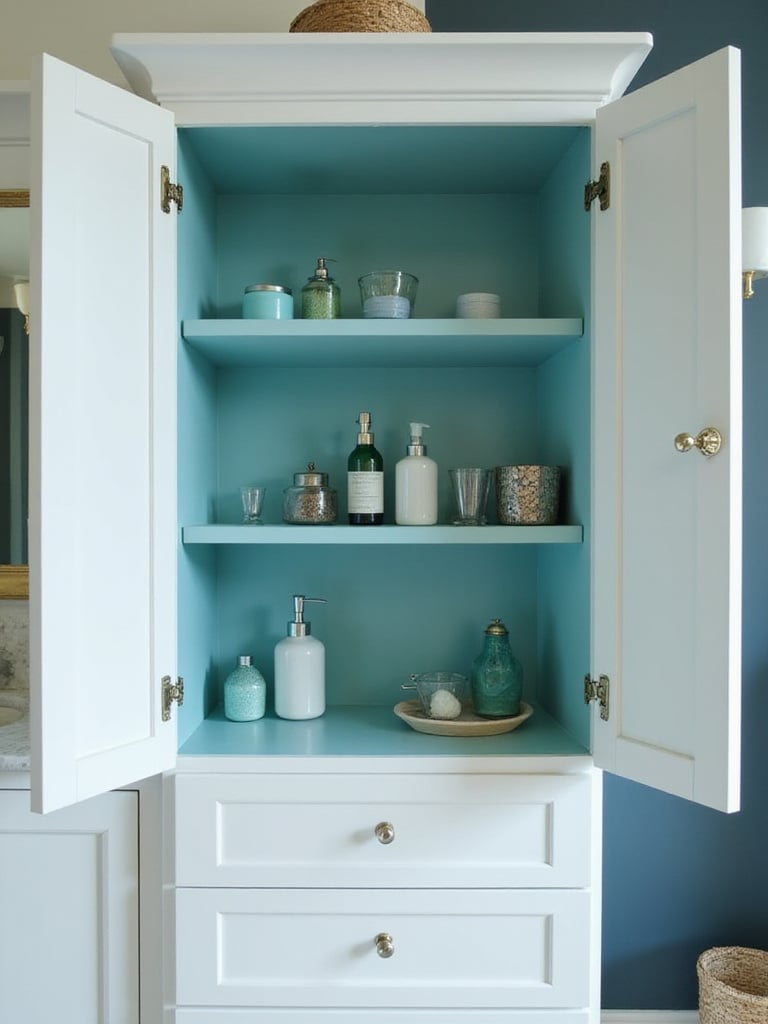 Bathroom cabinet with vibrant teal interior and organized toiletries