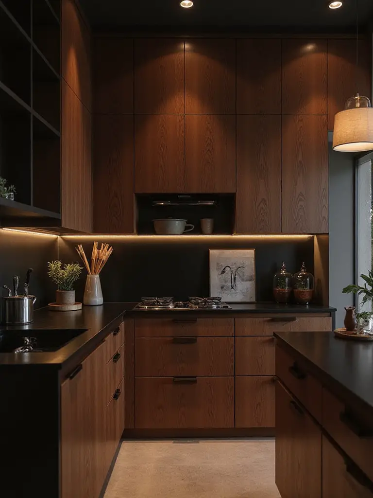 Modern kitchen featuring brown cabinetry and black countertops