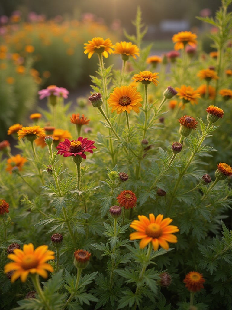 Vibrant flower garden with healthy blooms and soft lighting
