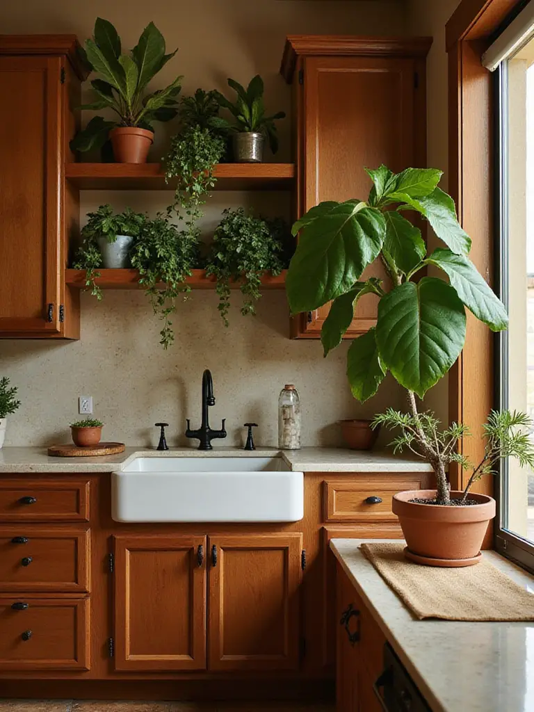 A brown kitchen with greenery including a Fiddle-Leaf Fig tree and Pothos plants, designed to soften the palette.