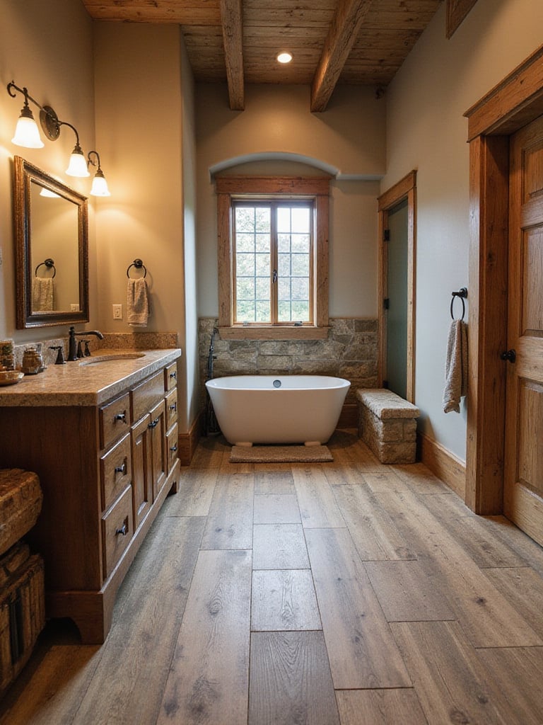 Rustic bathroom with wood-look tile flooring and natural decor