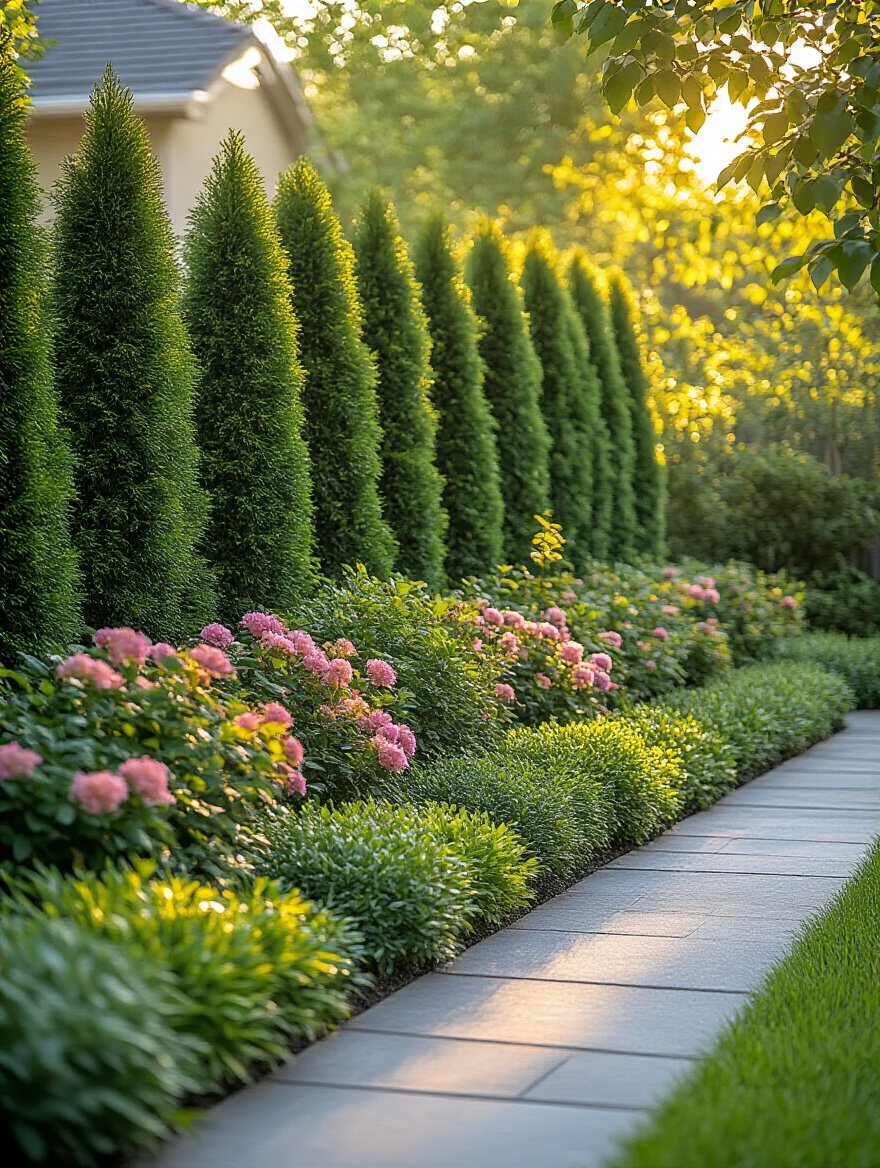 Backyard natural boundary screening with layered privacy trees and shrubs under warm sunlight