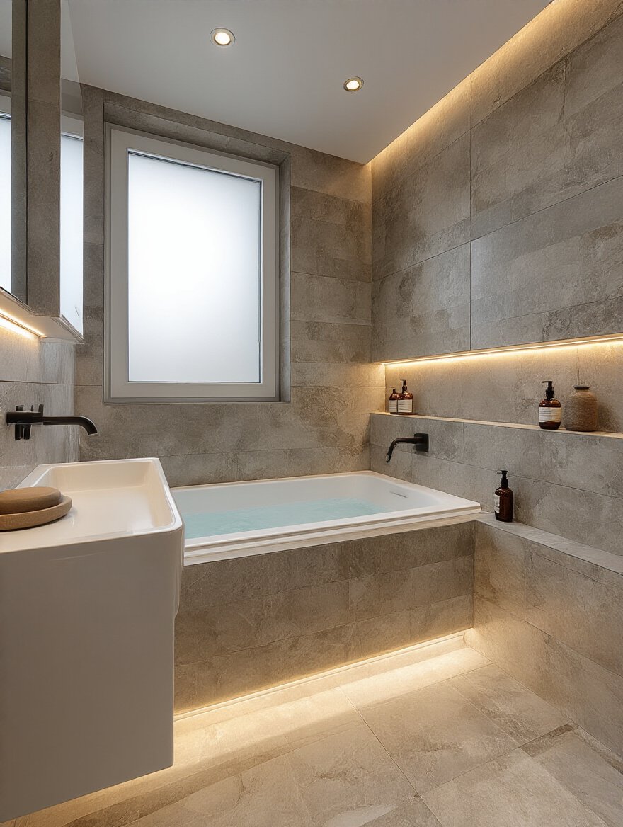 Modern bathroom showcasing different tile finishes and colors under layered lighting with ambient, task, and accent lights highlighting textures and reflections