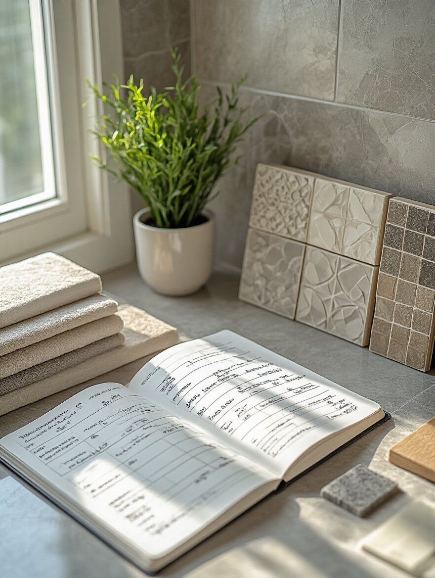 Close-up overhead shot of a modern bathroom renovation planning with budget notebook and tile samples on countertop, daylight illumination