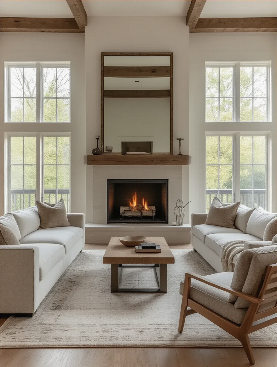 Modern living room with fireplace as the primary visual anchor featuring sectional sofa and armchairs arranged facing the fireplace
