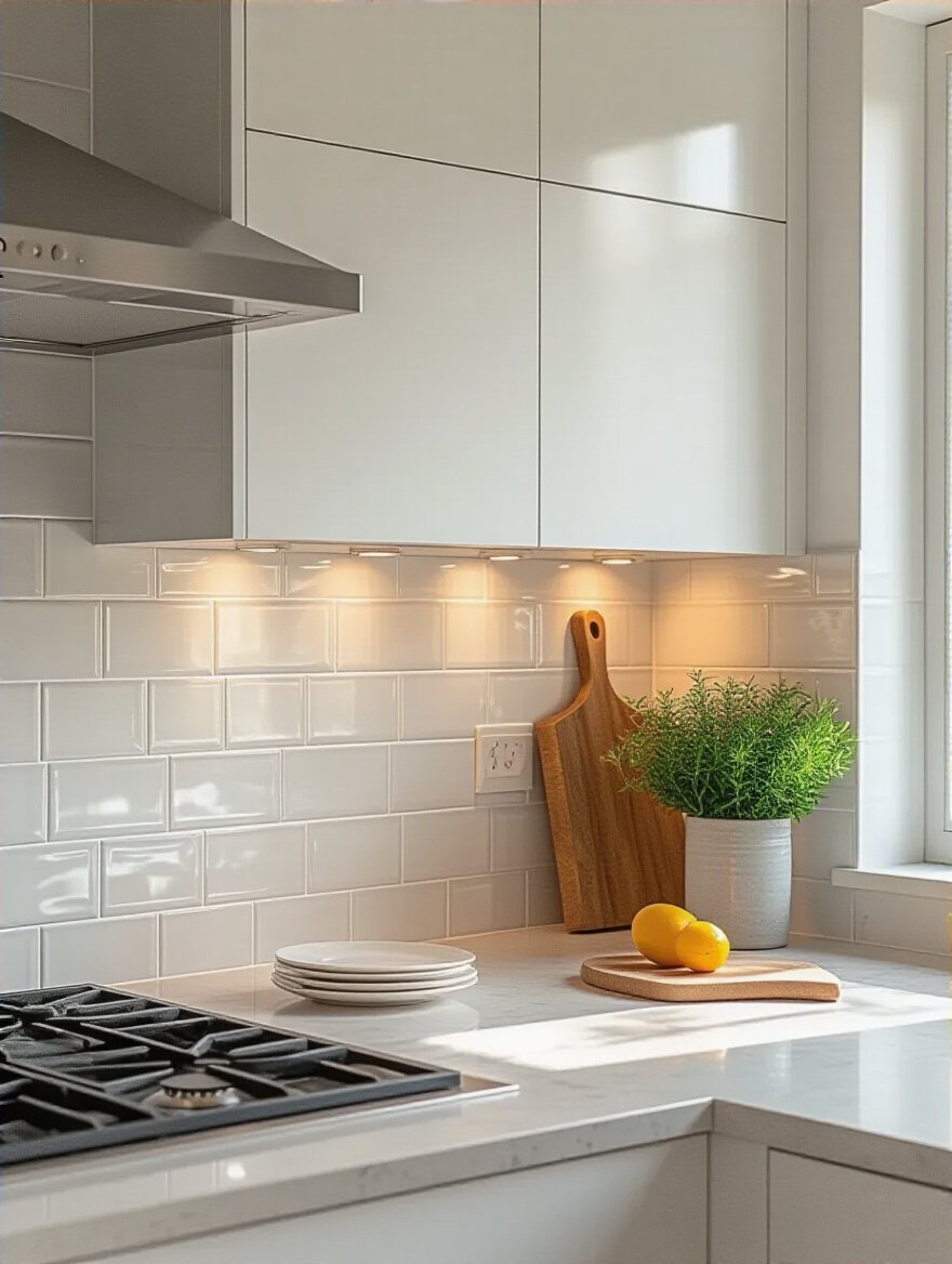Modern kitchen with freshly installed white peel-and-stick tile backsplash above countertop under warm lighting