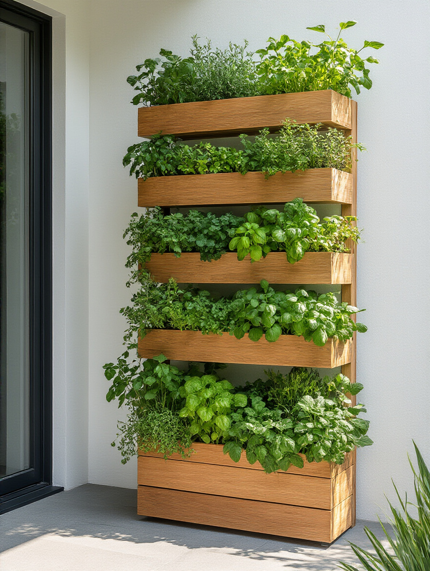 Portrait image of a wooden vertical planter with lush herbs and greens growing upwards on a bright patio