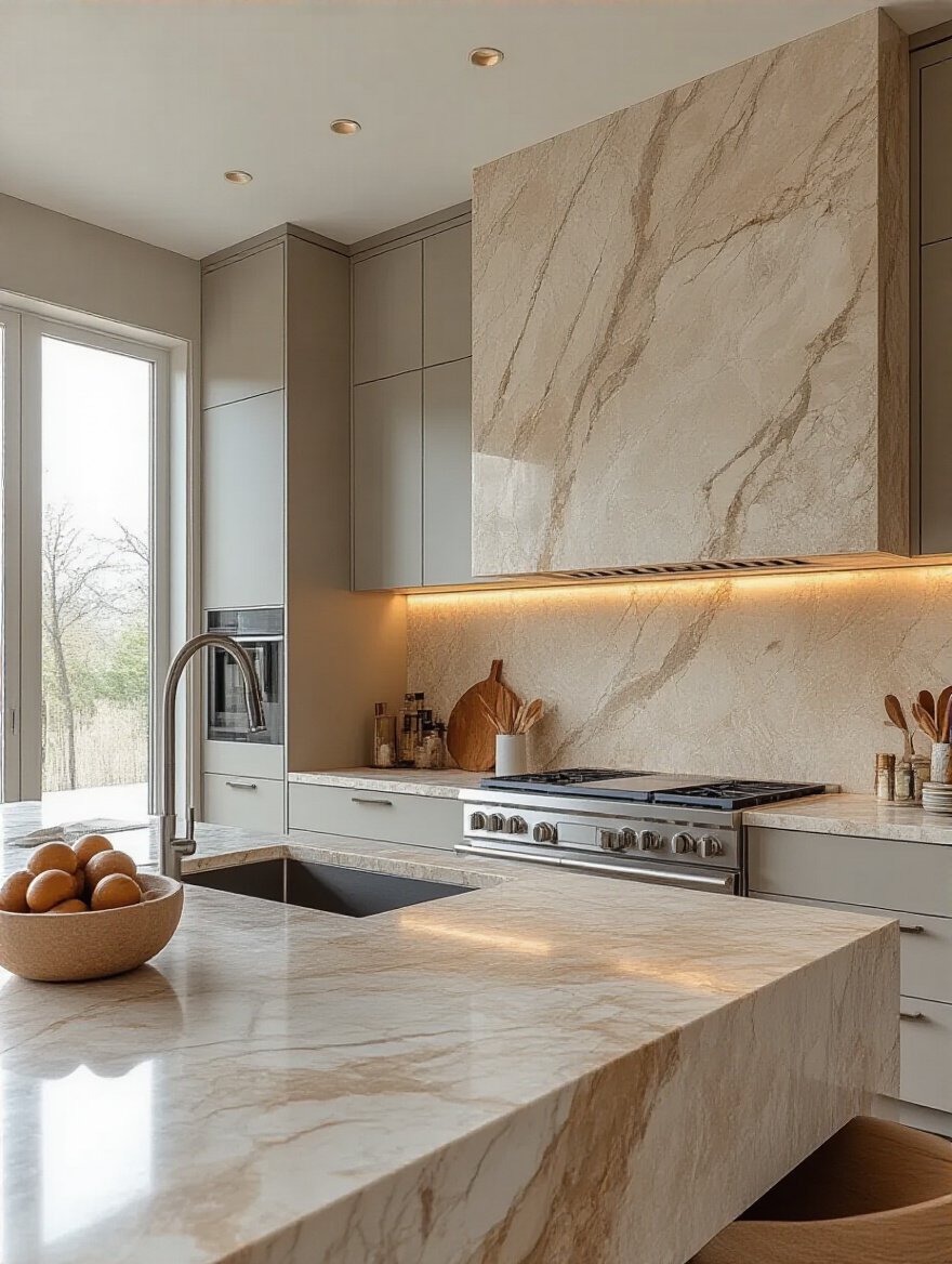 Luxurious kitchen with a full-height natural marble stone backsplash, minimalist cabinetry, and warm natural lighting
