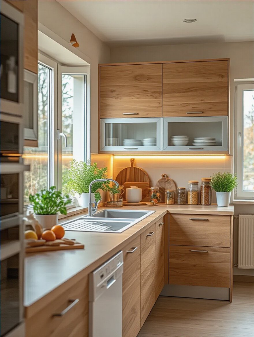 Modern kitchen with optimally installed wall cabinets showing accessible storage.