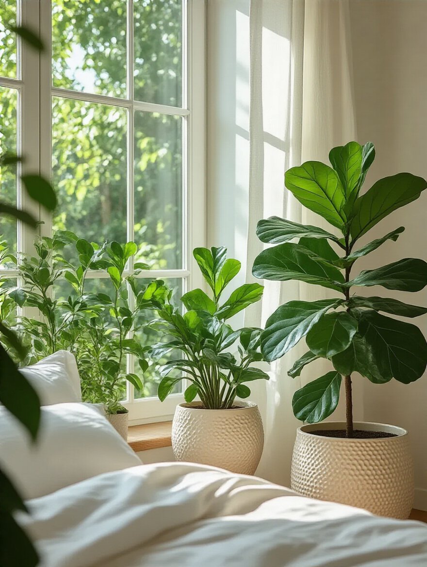 A bright white bedroom with lush greenery, featuring a Fiddle Leaf Fig in a textured pot.