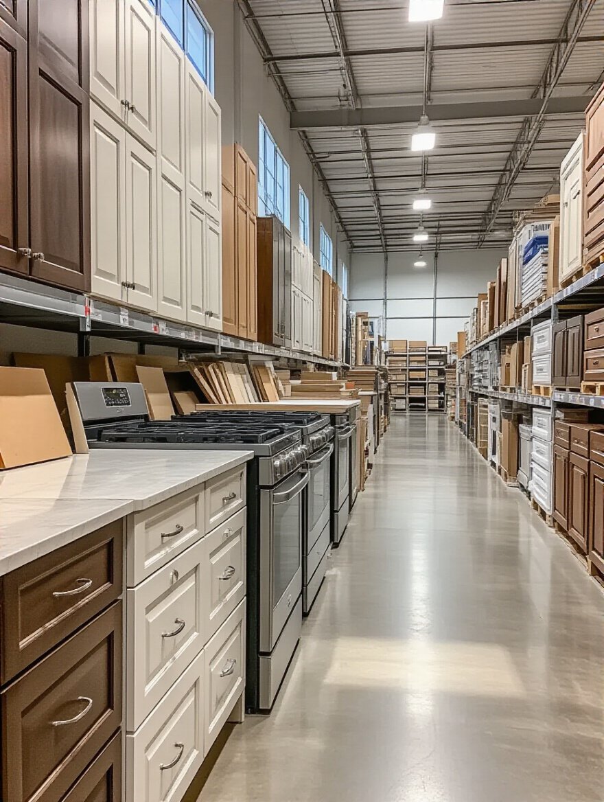 Discount outlet warehouse with kitchen cabinets, countertops, and appliances neatly arranged for budget kitchen remodeling savings