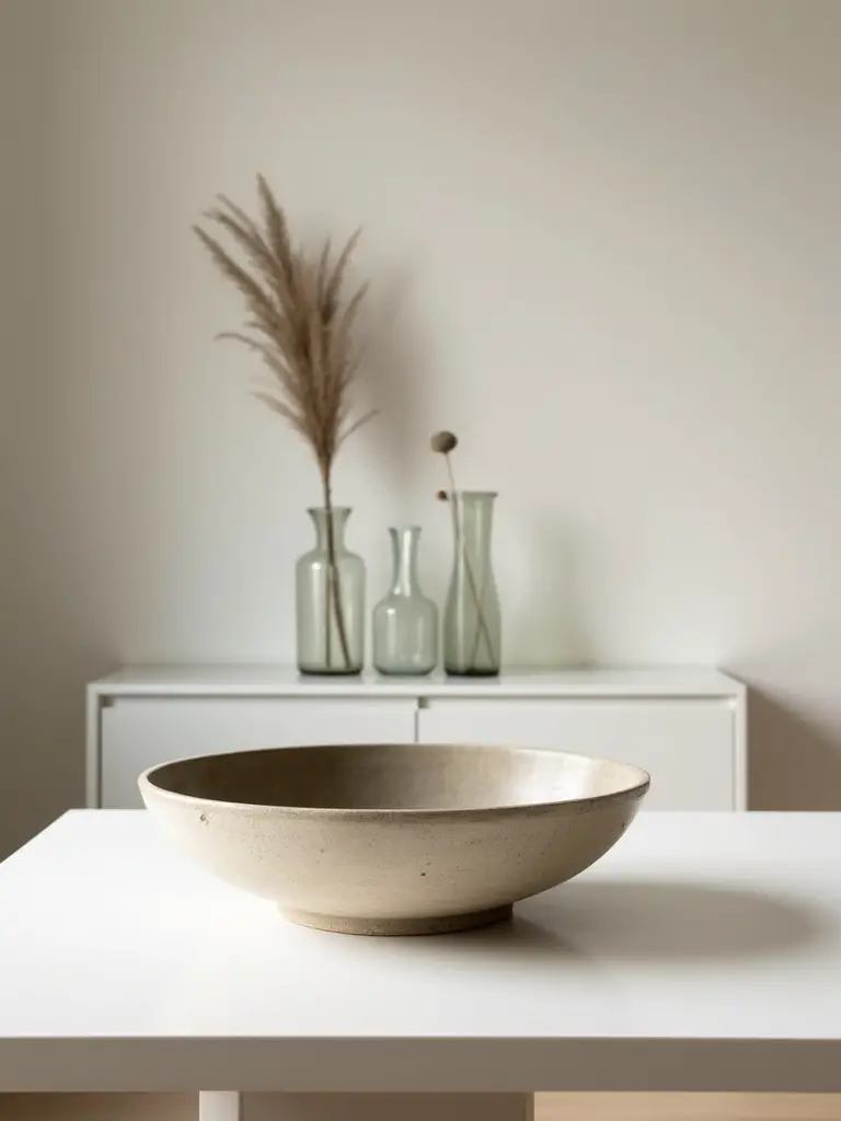 Modern dining room featuring intentional minimalist accessories including a textured ceramic bowl centerpiece and a curated set of glass vases with dried botanicals on a sideboard.