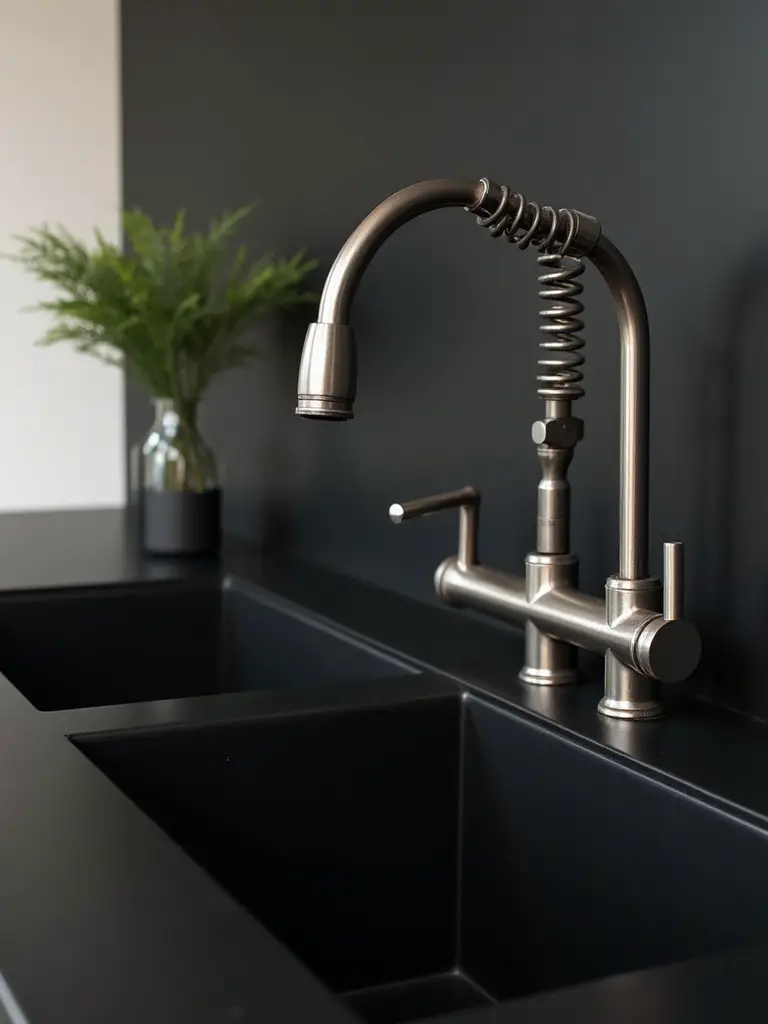 Unique industrial-style faucet in brushed stainless steel as a focal point in a sleek black kitchen sink area