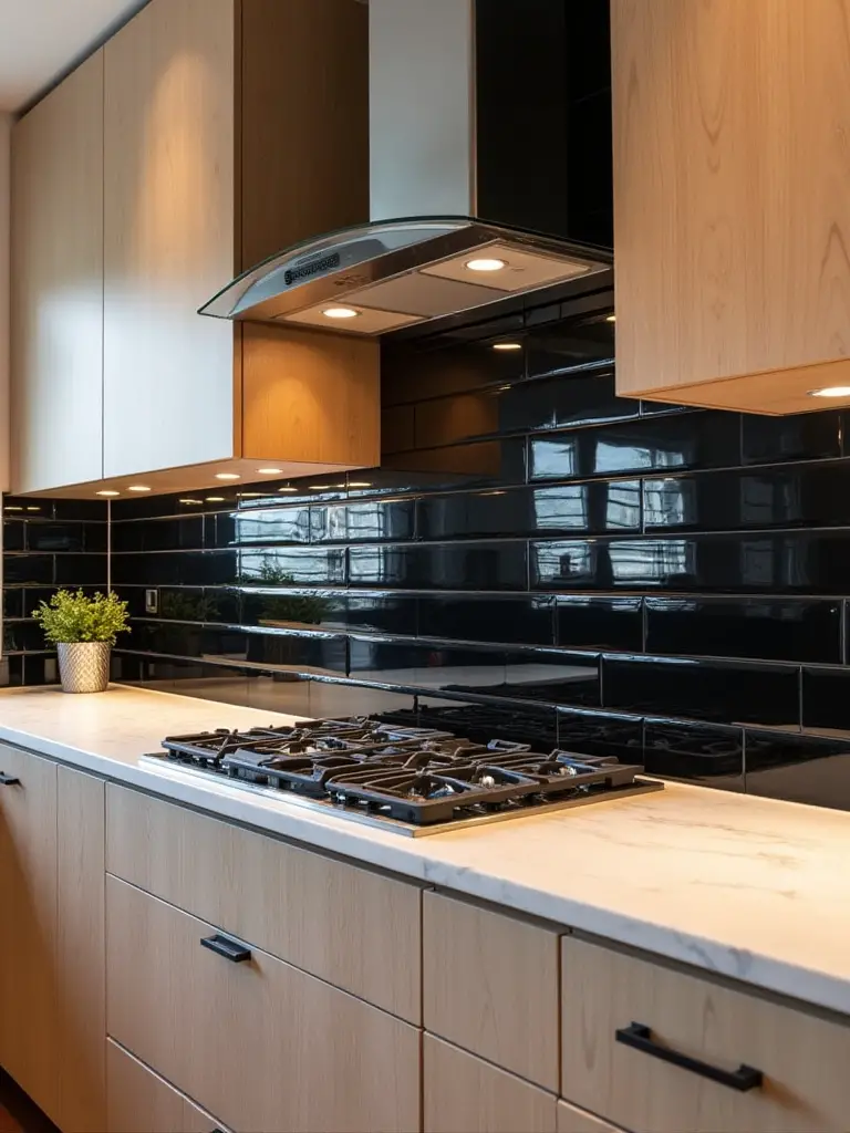 Modern kitchen with a dramatic black glossy subway tile backsplash, light oak cabinets, and white marble countertops