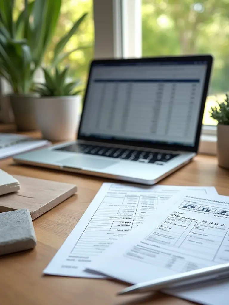 Workspace with budgeting spreadsheet, contractor quotes, and material samples for backyard porch construction planning