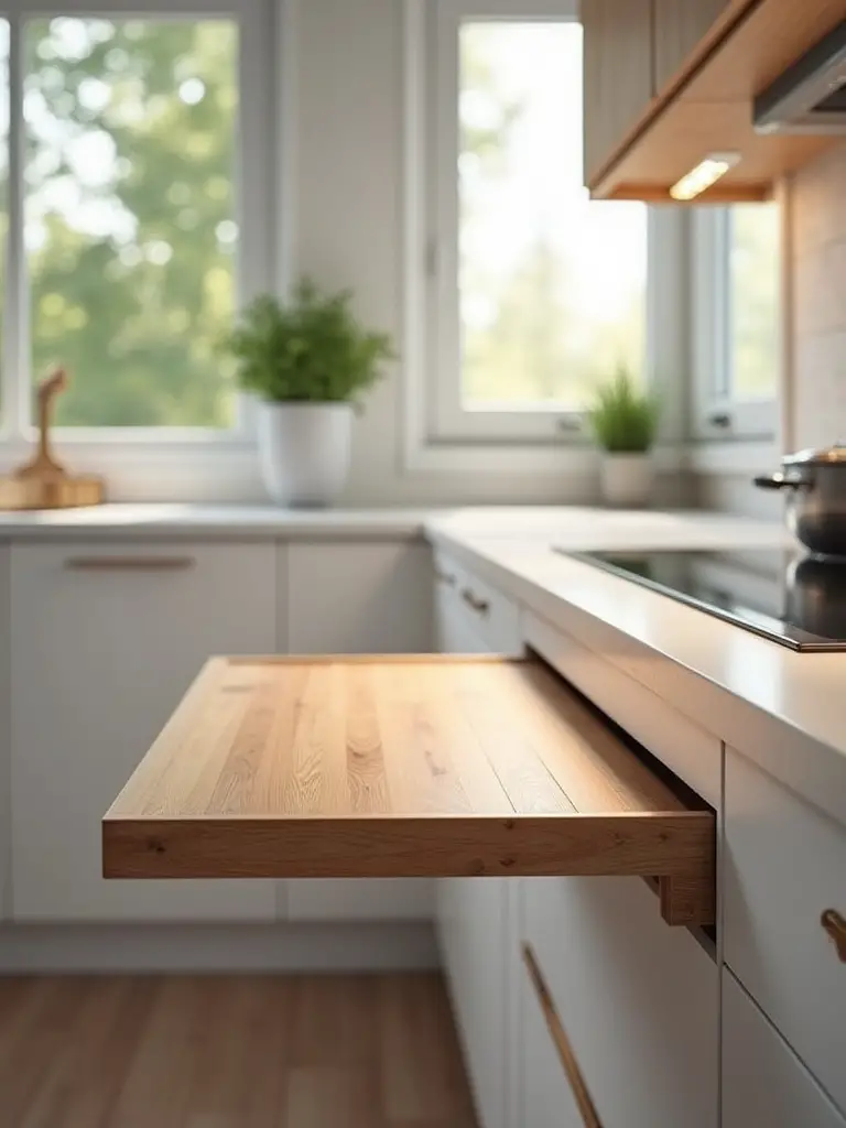 Pull-out cutting board extended from kitchen cabinetry in a small modern kitchen with bright natural lighting