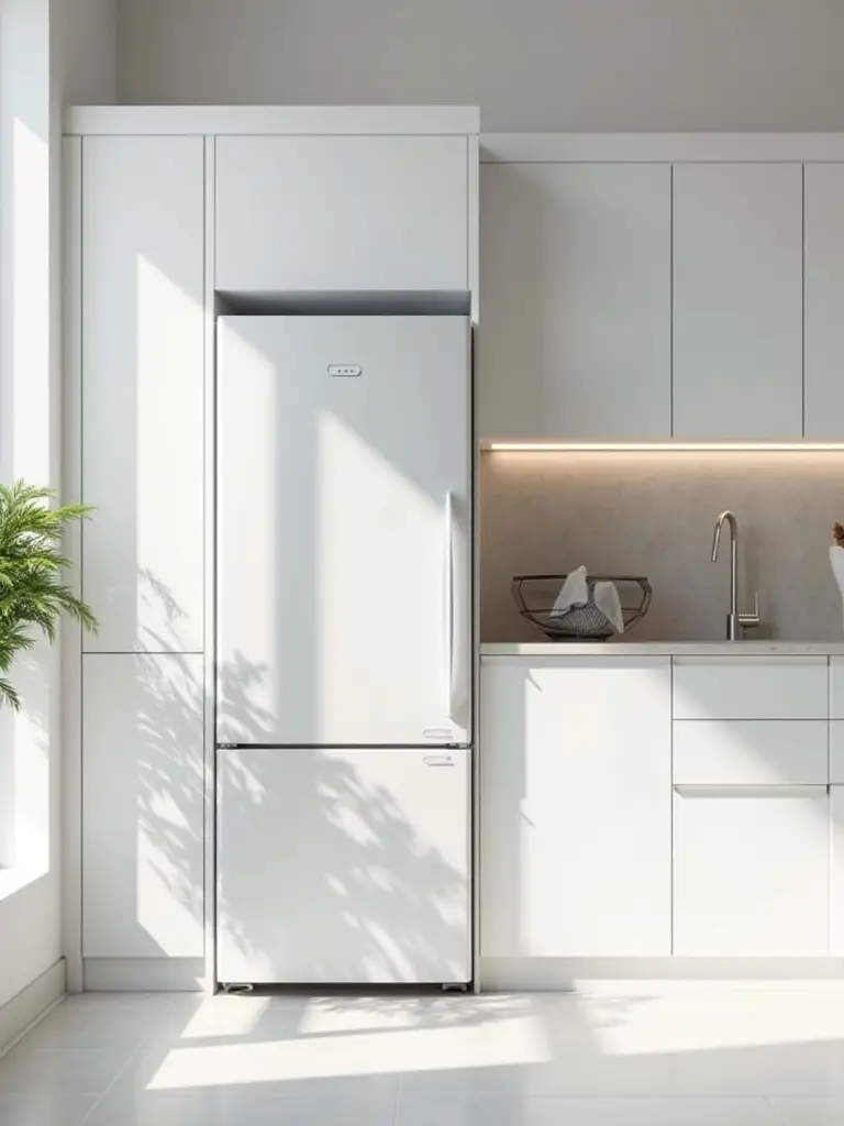 Modern small kitchen with undercounter refrigerator integrated into white cabinetry, showcasing space-saving design