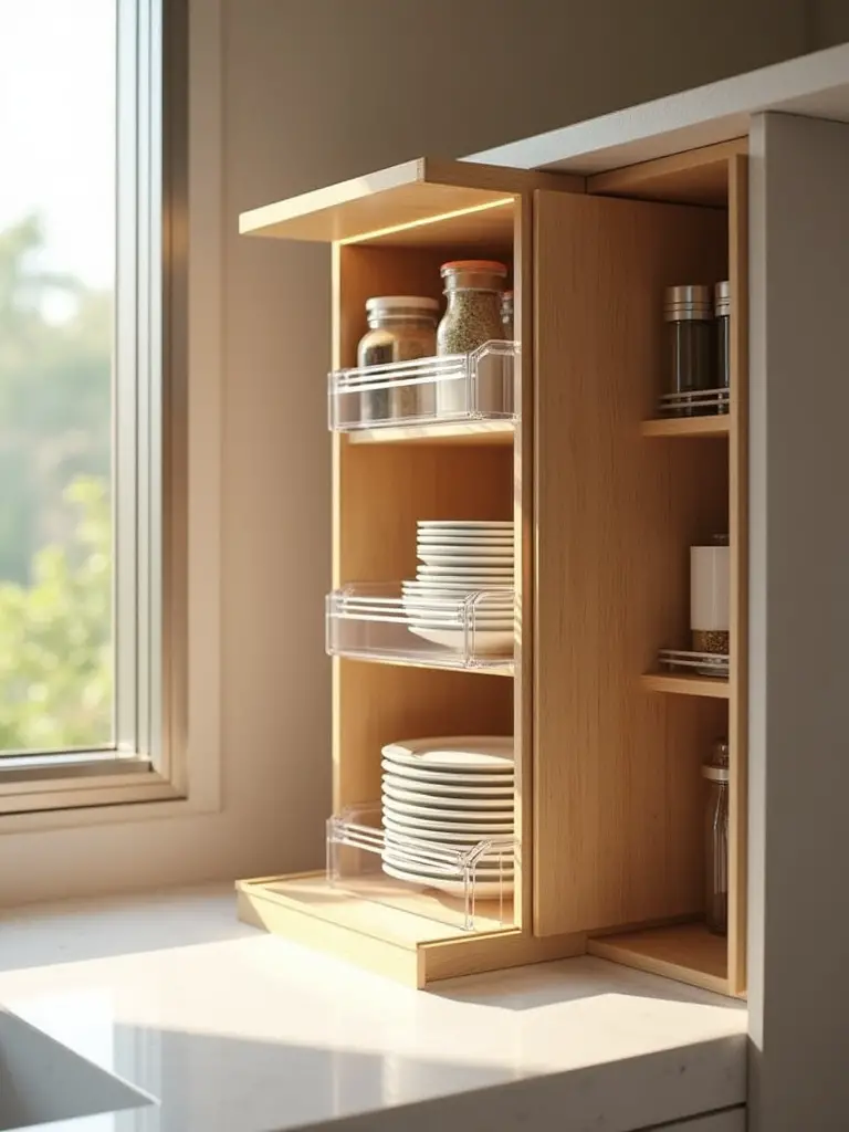 Vertical kitchen cabinet with stackable organizers creating extra space
