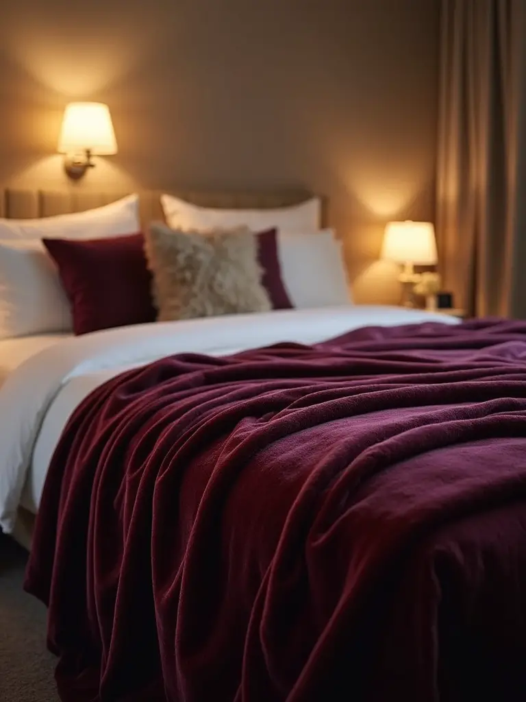 Cozy bedroom featuring a velvet blanket draped over the foot of the bed with soft ambient lighting