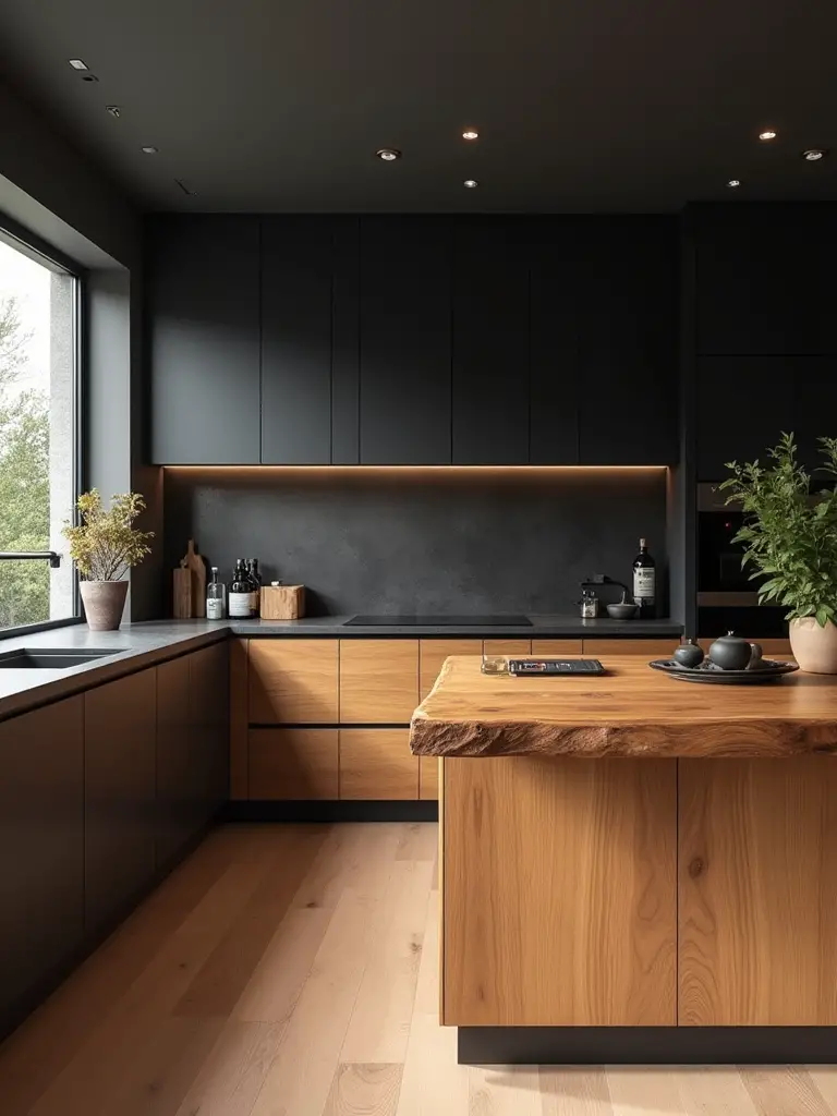 Modern black kitchen with warm wood lower cabinets and wood-slab island creating a cozy, balanced organic atmosphere