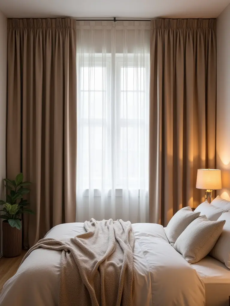 Cozy bedroom with floor-to-ceiling blackout curtains