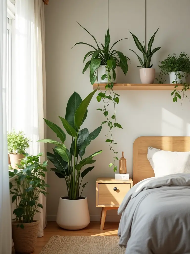 Cozy bedroom corner with air-purifying indoor plants on floor and shelves