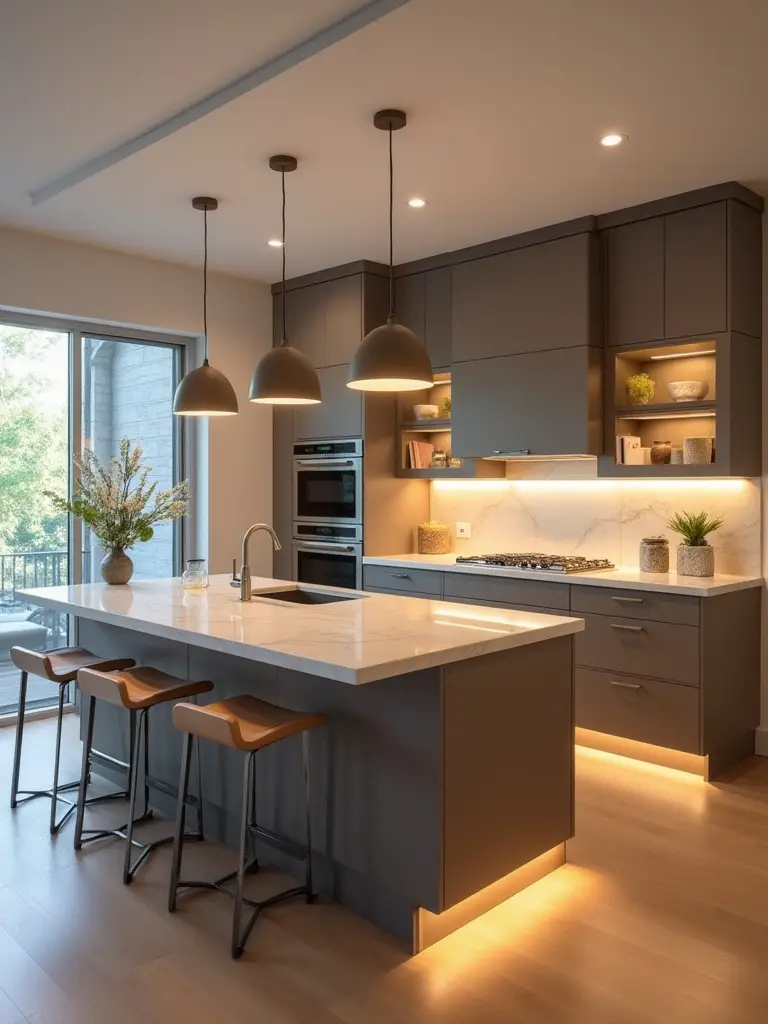 Vertical photo of modern kitchen showing recessed ambient lights, under-cabinet task LEDs, pendant island lights, and in-cabinet accent lighting working together.