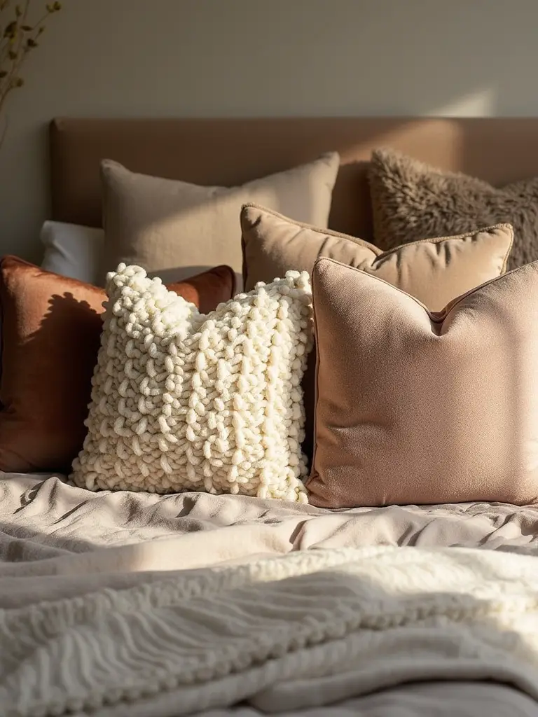 Cozy bedroom bed with mix and match plush throw pillows of velvet, knit, faux fur, and embroidered textures arranged in layers