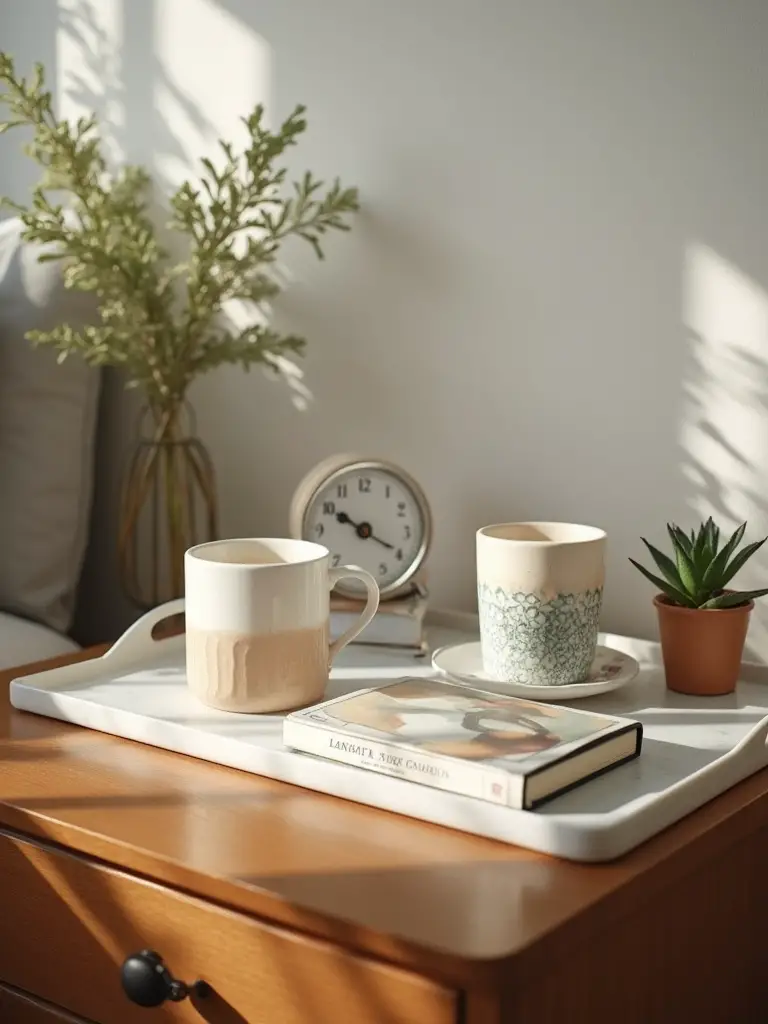 Neatly organized bedside table with books, small plant, candle, and decorative items on a marble tray in a cozy bedroom