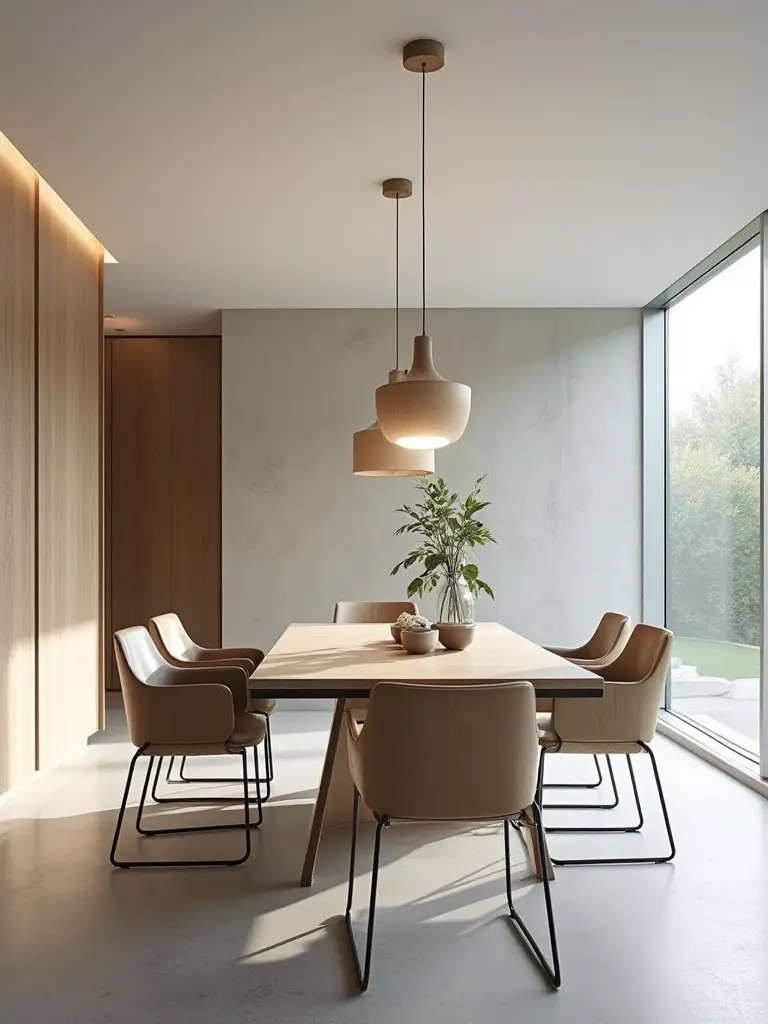 Modern dining room featuring a sleek extendable table and integrated storage showcasing functionality and minimalist design