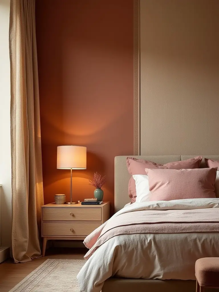 Vertical cozy bedroom with warm wall textures (limewash and grasscloth) and soft lighting