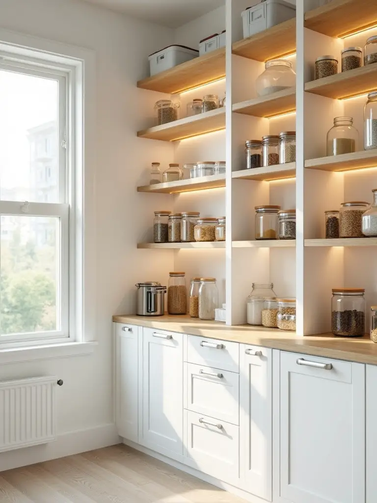 Modern pantry with white shelving, natural wood accents, and clear containers without text