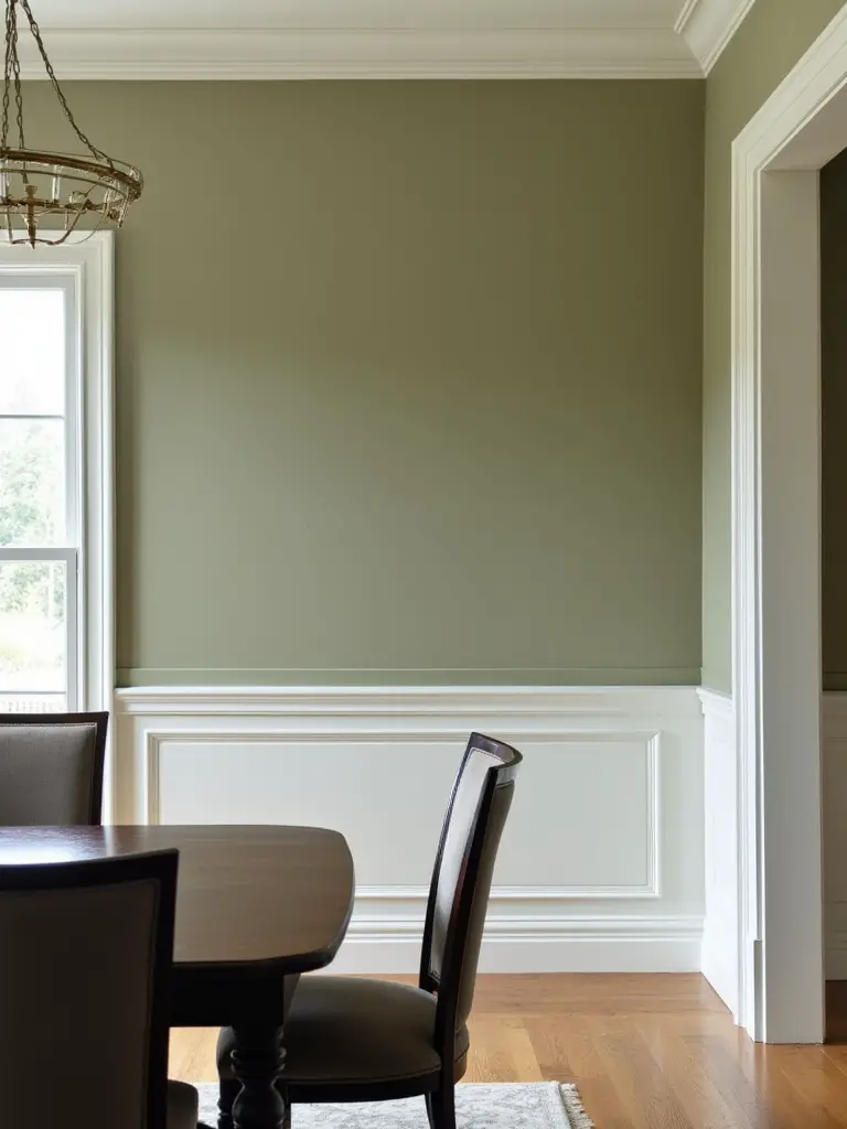 Elegant dining room showing a seamlessly blended accent wall with adjoining walls and trim in harmonious tones, creating a cohesive and sophisticated space.