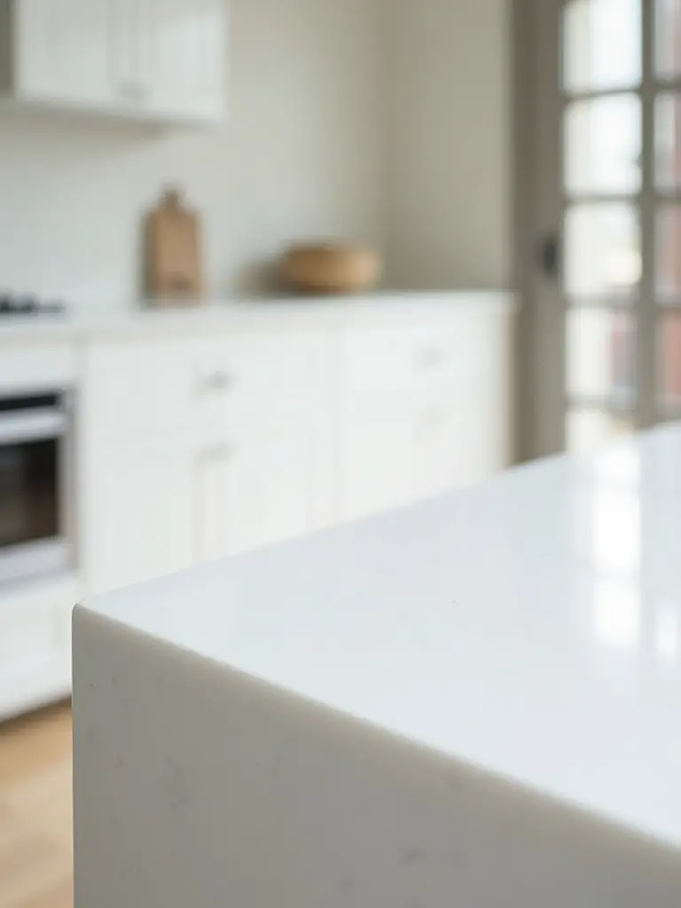 Contemporary kitchen island featuring pristine white quartz countertops with a waterfall edge, clean minimalist design, professional photography, focus on surface material.