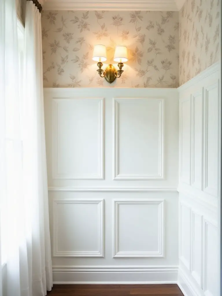 Dining room accent wall featuring elegant white wainscoting with recessed panels beneath a soft floral wallpaper, illuminated by natural light and a brass sconce.