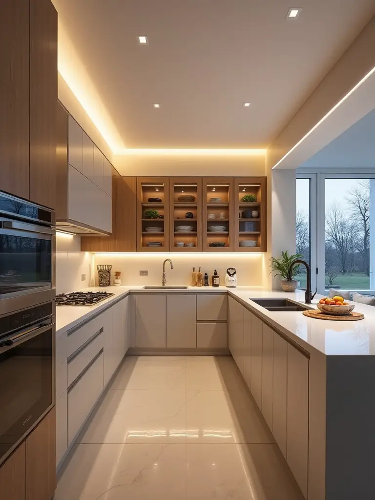 Elegant modern kitchen with layered lighting and cabinetry accents