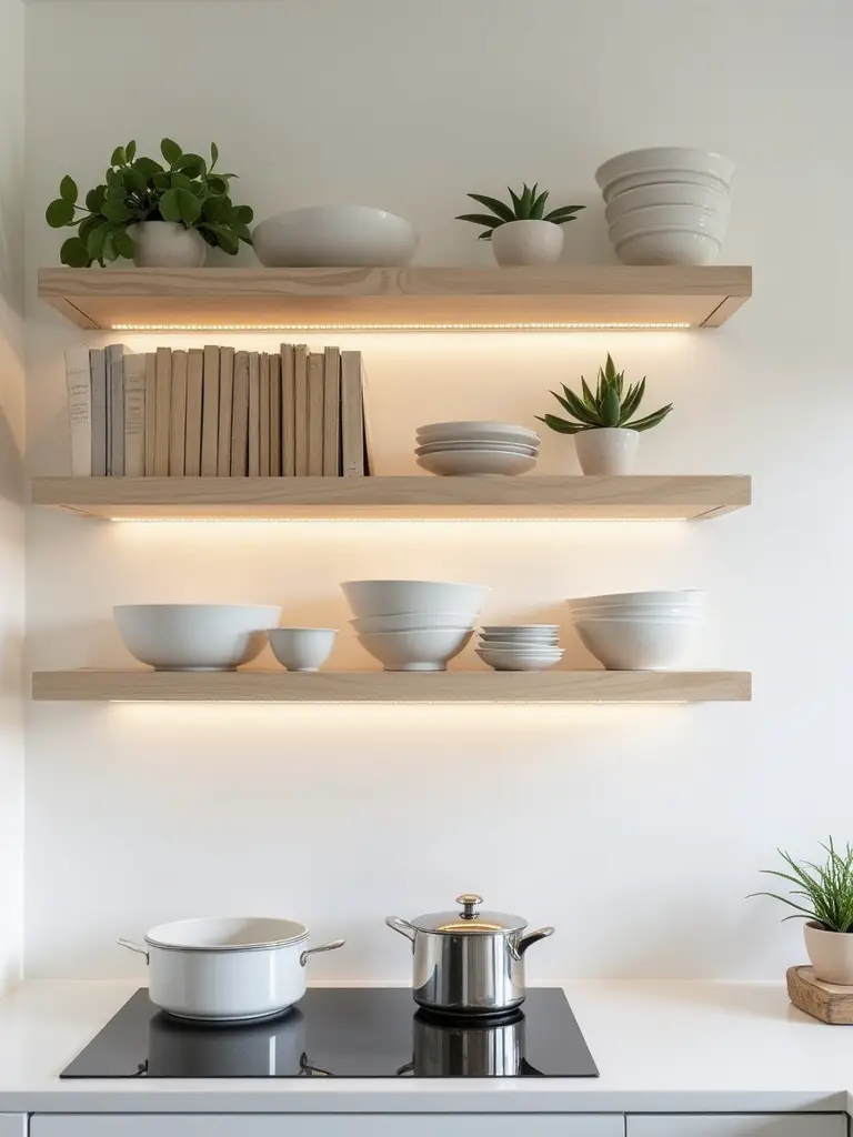 Modern rustic kitchen with three distressed wood floating shelves displaying white ceramic bowls and succulents, acting as a stylish statement piece.