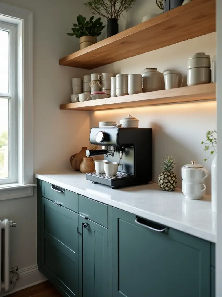 Stylish built-in coffee and beverage bar with an espresso machine, open shelving for mugs, and integrated dark green cabinetry in a modern kitchen, illuminated by warm under-cabinet lighting.