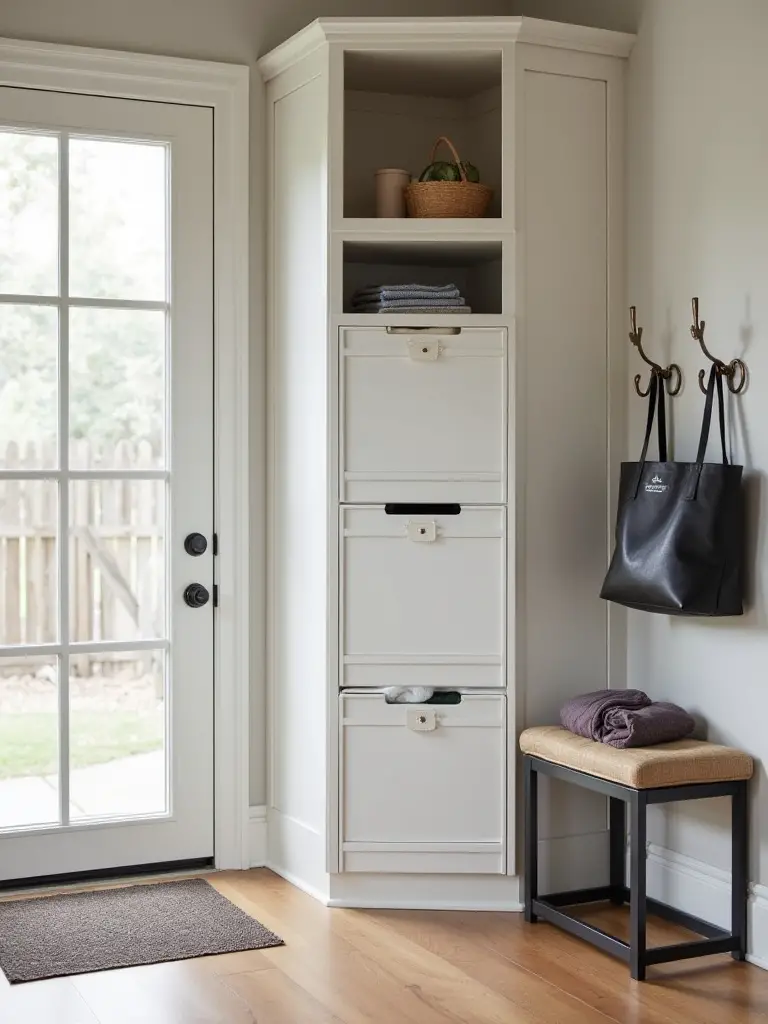 Integrated multi-sort laundry system within a functional mudroom, featuring organized compartments for efficient laundry pre-sorting of clothes by type or color.