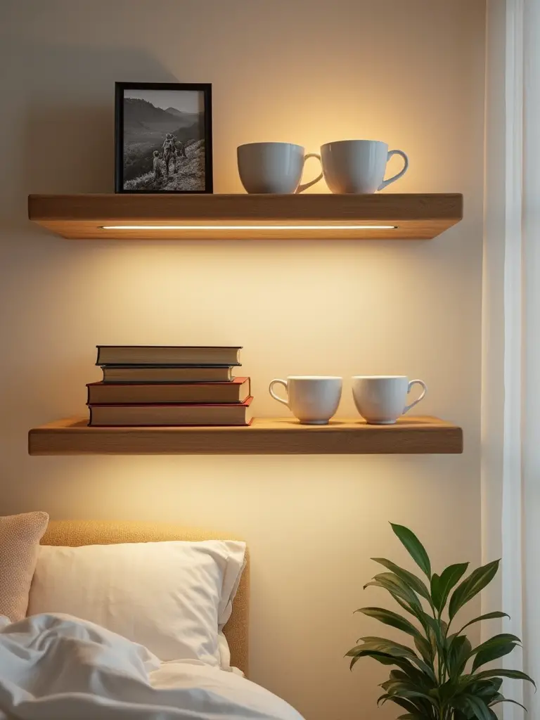 A close-up, eye-level professional photo of floating wooden shelves in a cozy bedroom, displaying a collection of antique teacups, a small framed vintage photo, and several classic novel hardcovers with warm lighting.