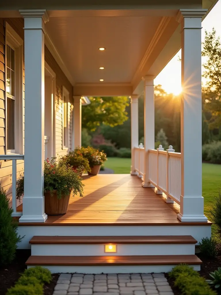 Vertical view of a remodeled porch at golden hour with planters and warm lighting