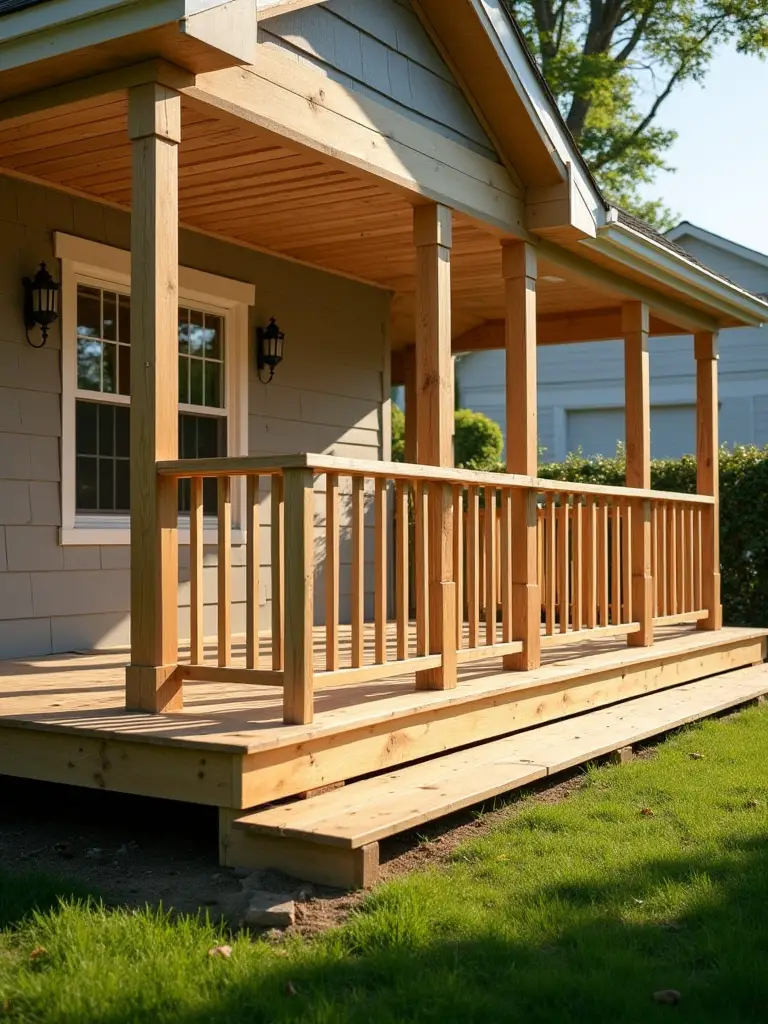 Portrait-style shot of a porch's structural elements (posts, beams, ledger board) in daylight.