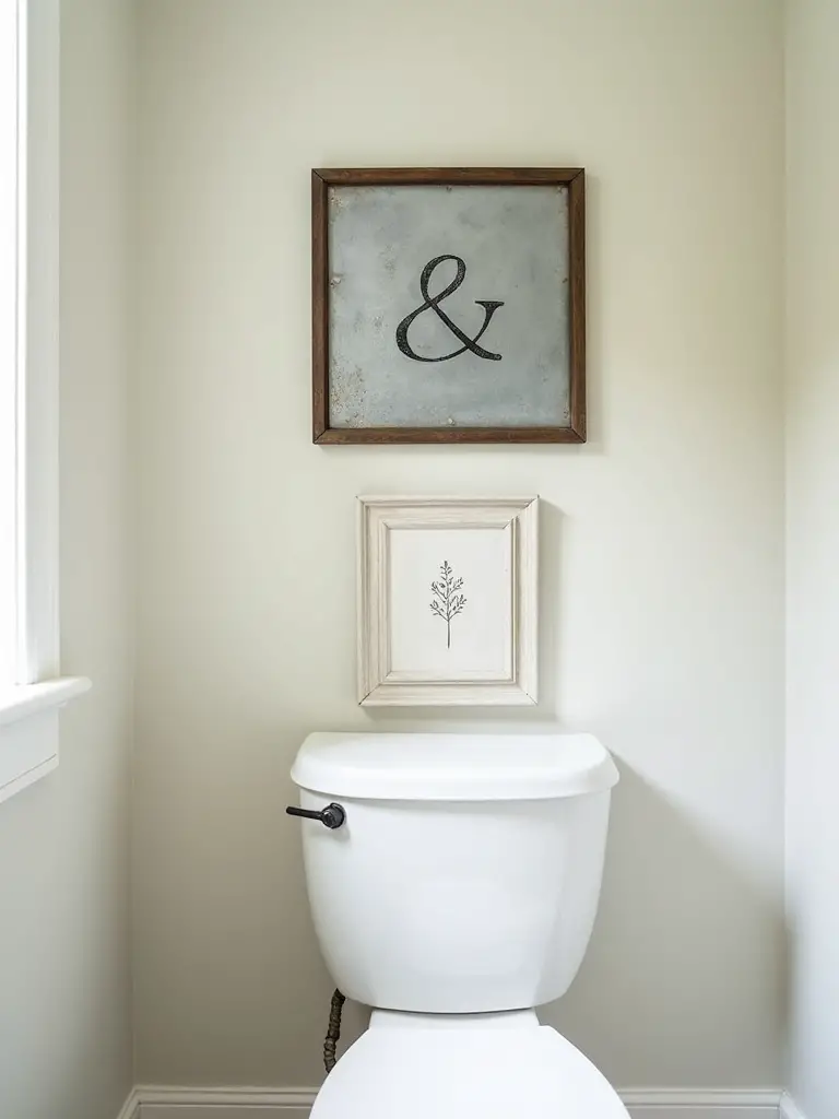 Farmhouse bathroom with galvanized metal sign above toilet and a botanical print on the wall, adding vintage-inspired rustic charm.