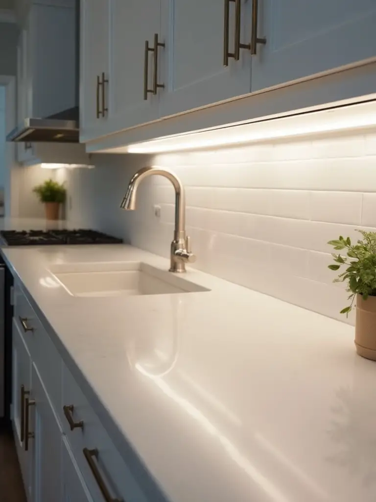 Bright under-cabinet lighting illuminating a clean kitchen workspace