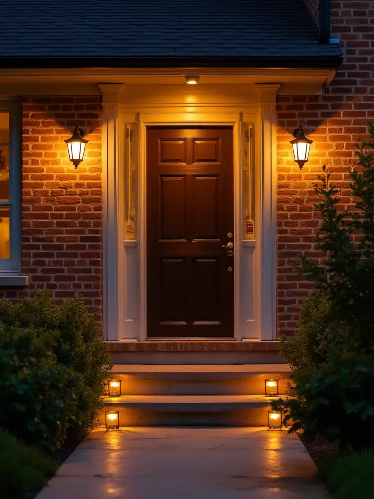 Front entry with warm exterior lighting at dusk