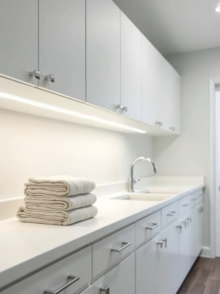 Modern mudroom laundry room with bright under-cabinet LED task lighting illuminating a white folding counter, reducing shadows and improving visibility for detailed tasks.
