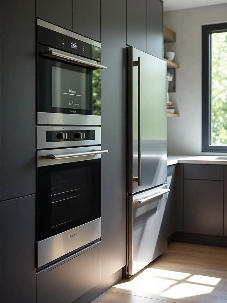 A pristine, modern kitchen showcasing a built-in smart refrigerator, oven, and dishwasher seamlessly integrated into custom cabinetry, reflecting energy efficiency and sleek design.