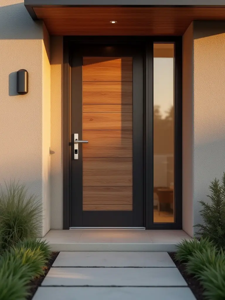 Portrait of a modern front entry with smart lock, video doorbell, and integrated lighting.