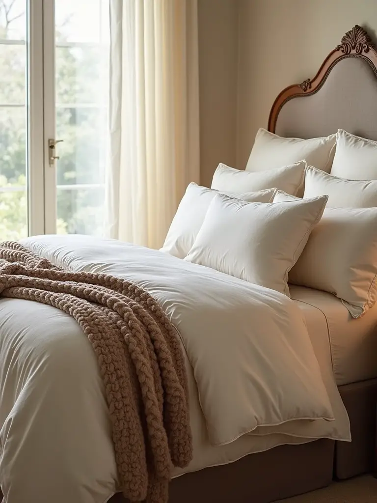 Luxurious bed with multiple plush bedding layers, soft cream and white tones, chunky knit throw, creating a cozy and inviting cloud-like comfort experience in a well-lit bedroom.