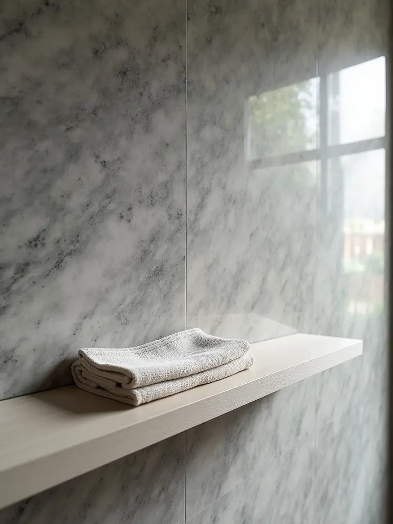 Close-up of a perfectly maintained dining room accent wall with faux-marble finish, illuminated by natural light, showing cleanliness and care, with a microfiber cloth hinting at upkeep.
